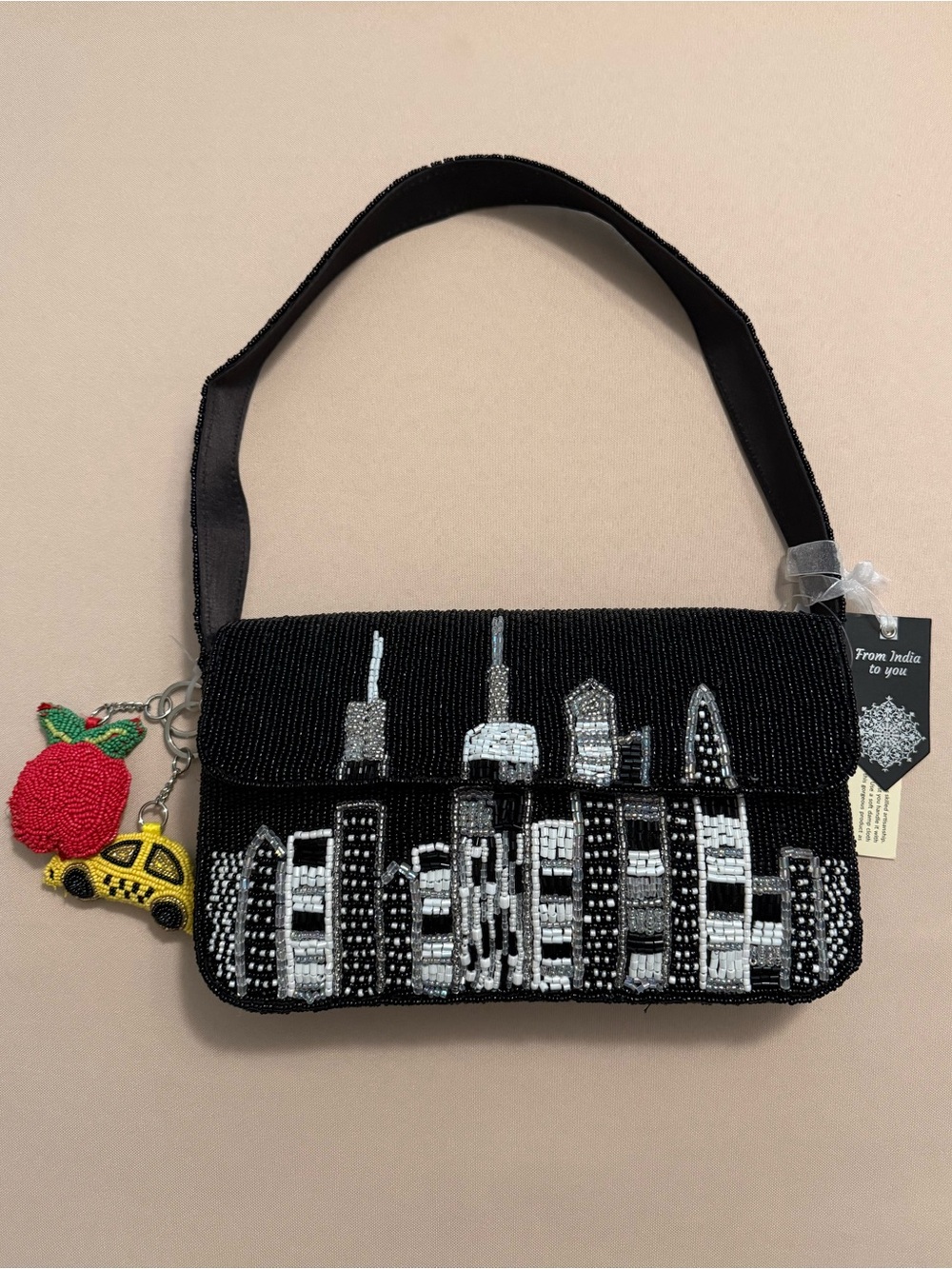 India Beaded Bag New York City Skyline with Apple and Taxi Cab Bag Charms